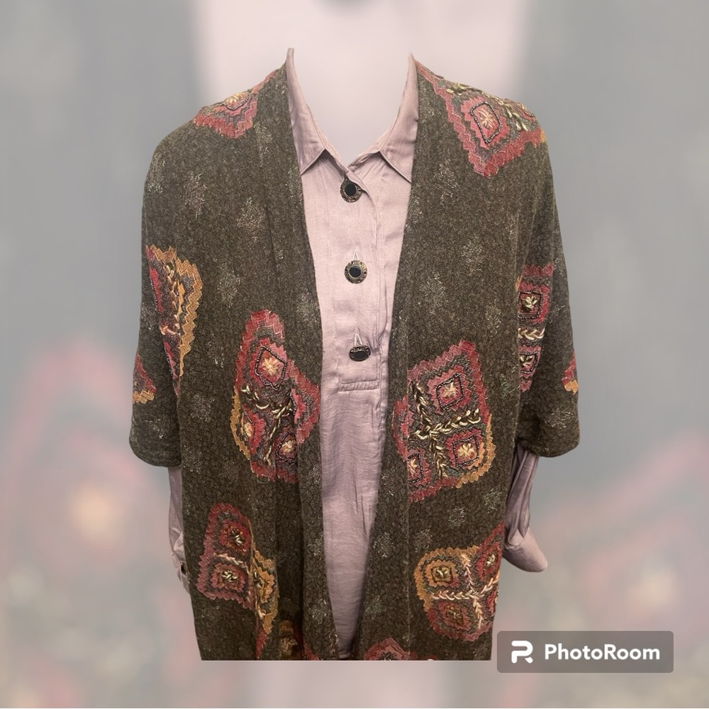 Aratta Silent Journey embroidered and beaded wool-blend kimono. One size